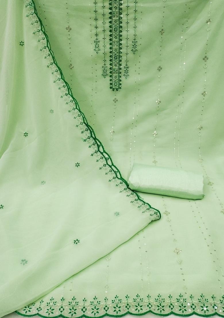 Green Embroidered Georgette Dress Material - Indya