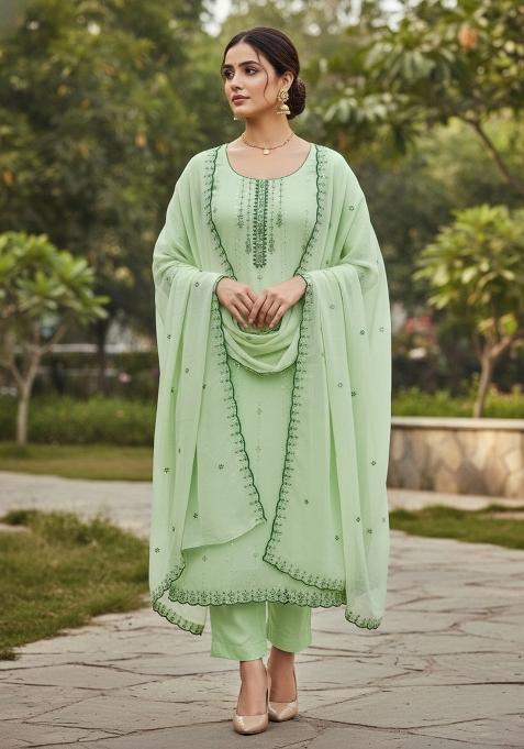 Green Embroidered Georgette Dress Material