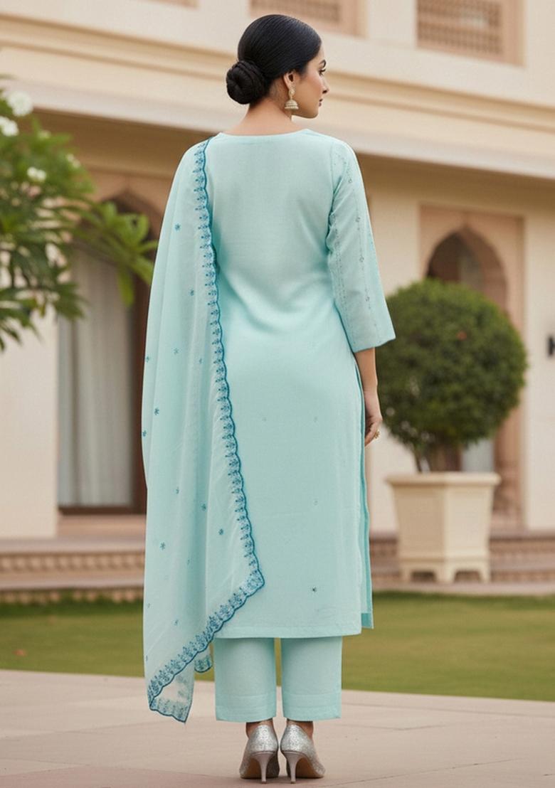 Sky Blue Embroidered Georgette Dress Material - Indya