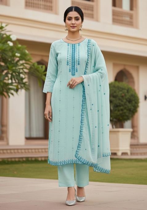 Sky Blue Embroidered Georgette Dress Material