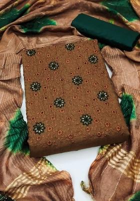 Brown Embroidered Silk Dress Material