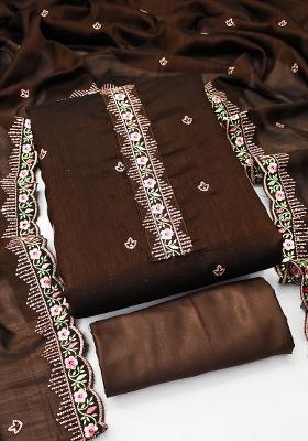 Brown Embroidered Silk Dress Material