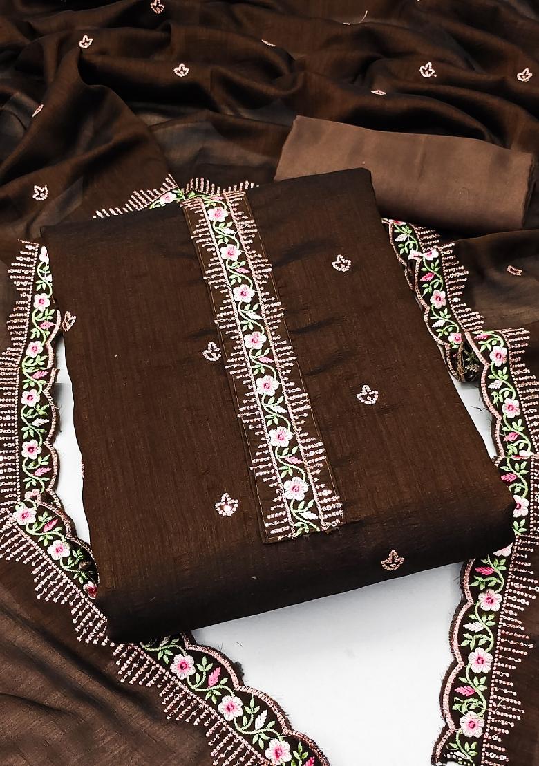 Brown Embroidered Silk Dress Material - Indya