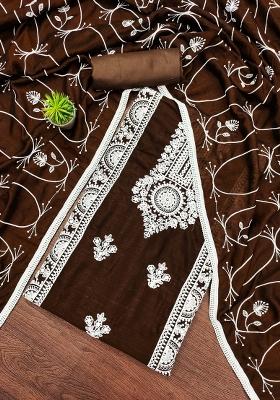Brown Embroidered Silk Dress Material