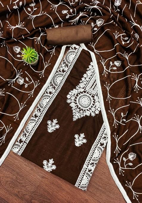 Brown Embroidered Silk Dress Material