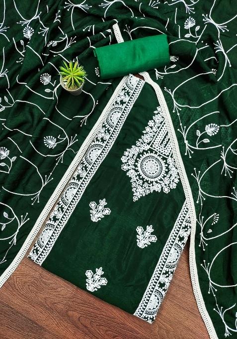 Green Embroidered Silk Pakistani Suit Set — view on Indya