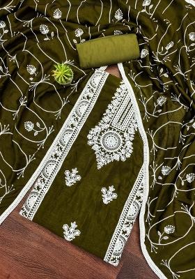 Mehandi Embroidered Silk Dress Material