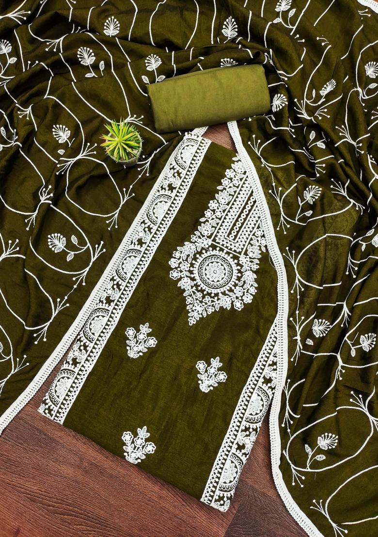 Mehandi Embroidered Silk Dress Material