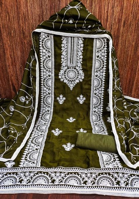 Mehandi Embroidered Silk Dress Material