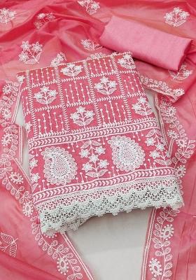 Peach Embroidered Cotton Blend Dress Material