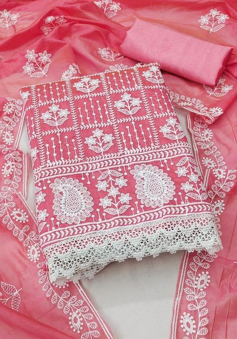 Peach Embroidered Cotton Blend Dress Material