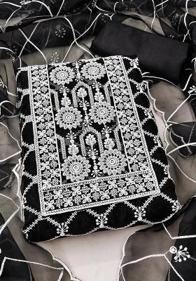 Black Embroidered Oragnza Dress Material