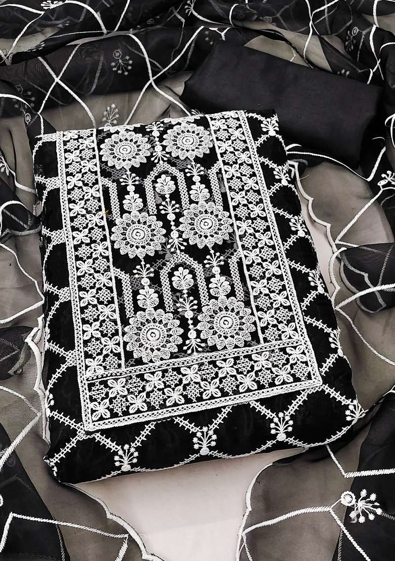 Black Embroidered Organza Straight Kurta Set - Indya