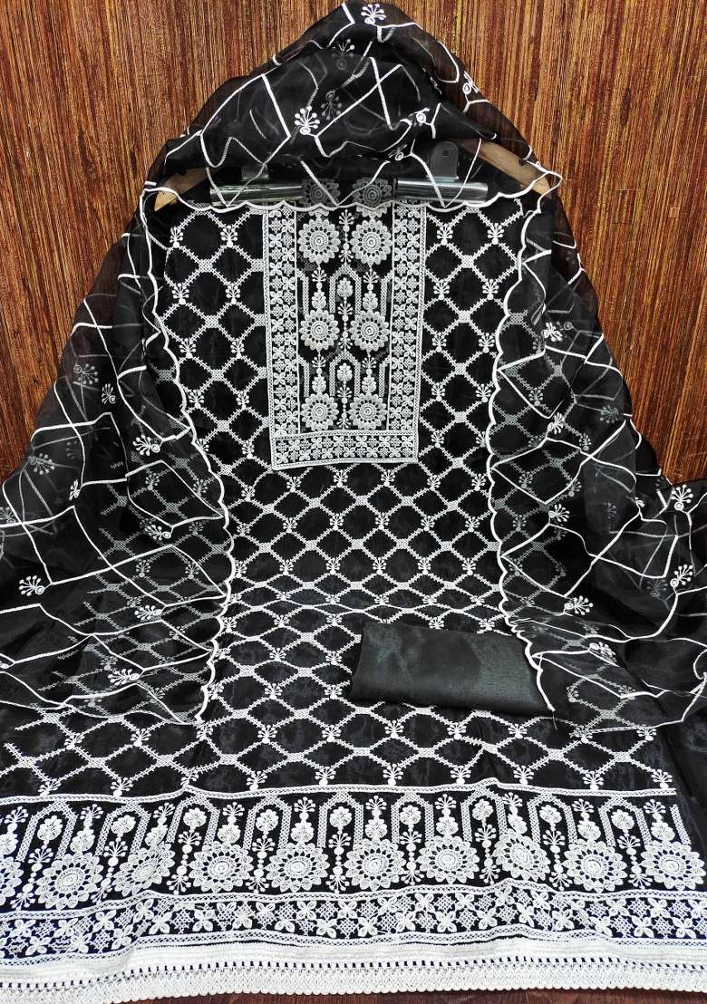 Black Embroidered Organza Straight Kurta Set - Indya