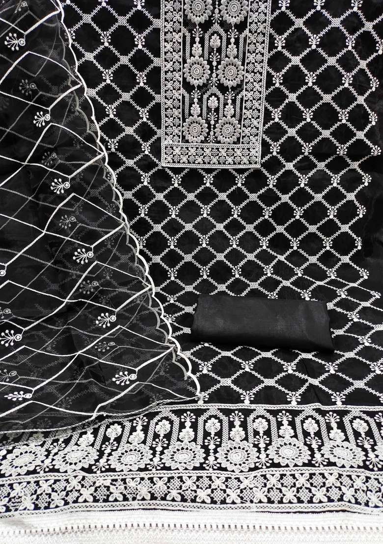 Black Embroidered Organza Straight Kurta Set - Indya