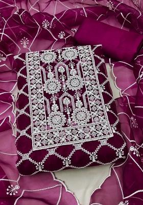 Magenta Embroidered Oragnza Dress Material