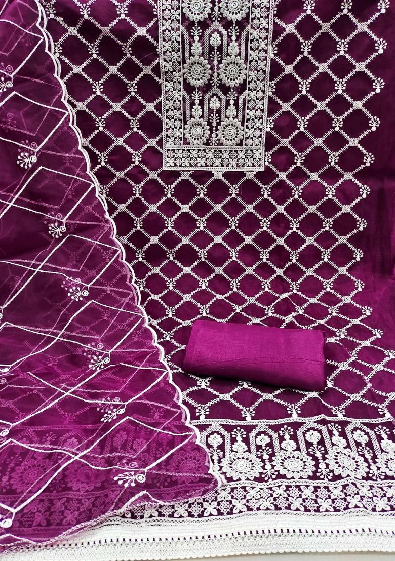 Magenta Embroidered Oragnza Dress Material - Indya