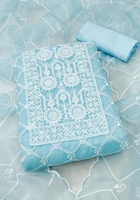 Sky Blue Embroidered Oragnza Dress Material