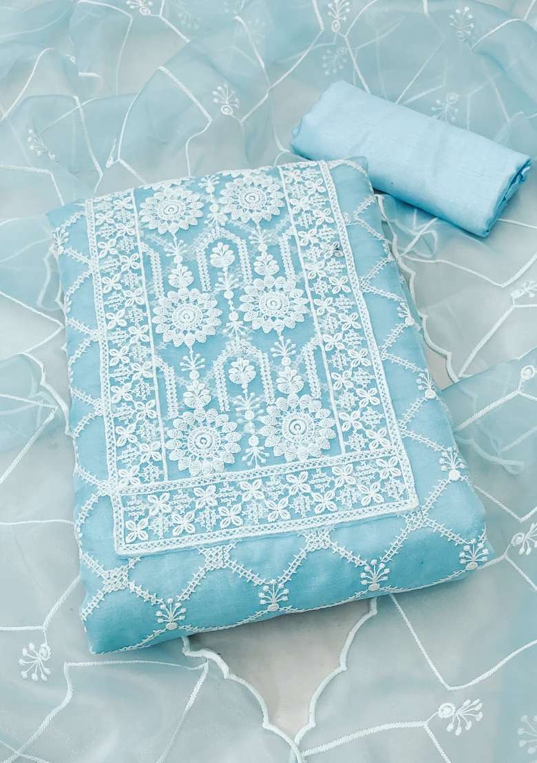 Sky Blue Chikankari Organza Straight Kurta Set - Indya