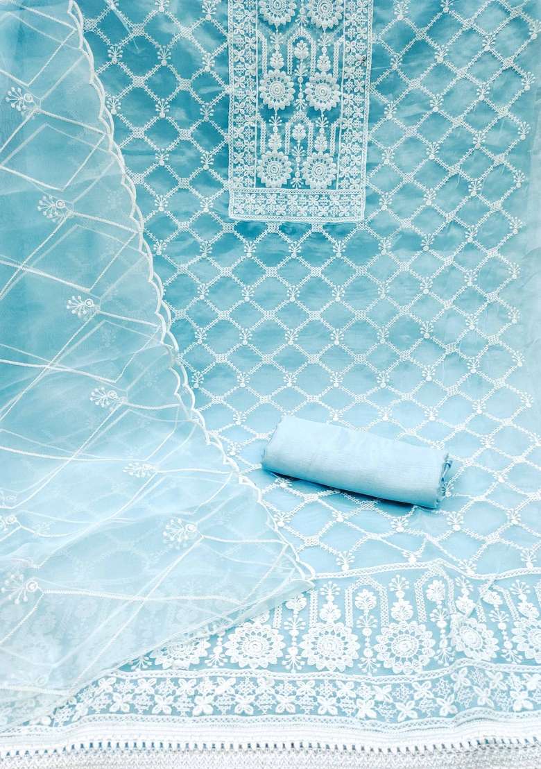 Sky Blue Chikankari Organza Straight Kurta Set - Indya