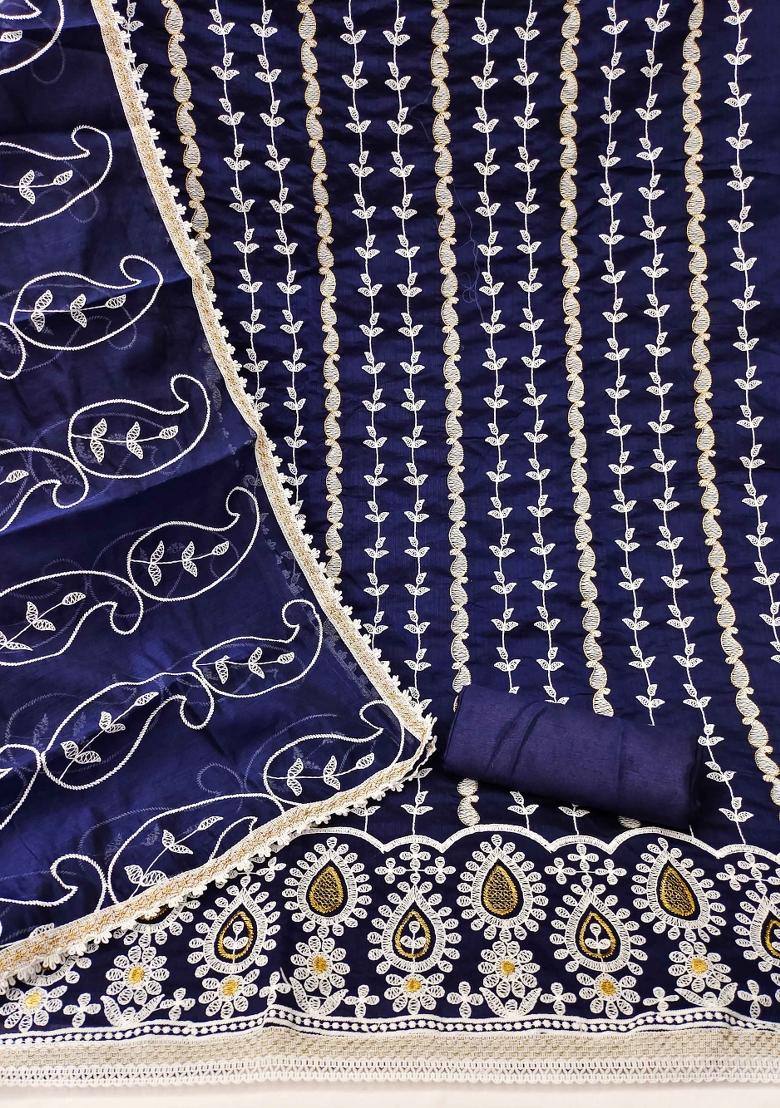 Blue Embroidered Cotton Blend Dress Material - Indya