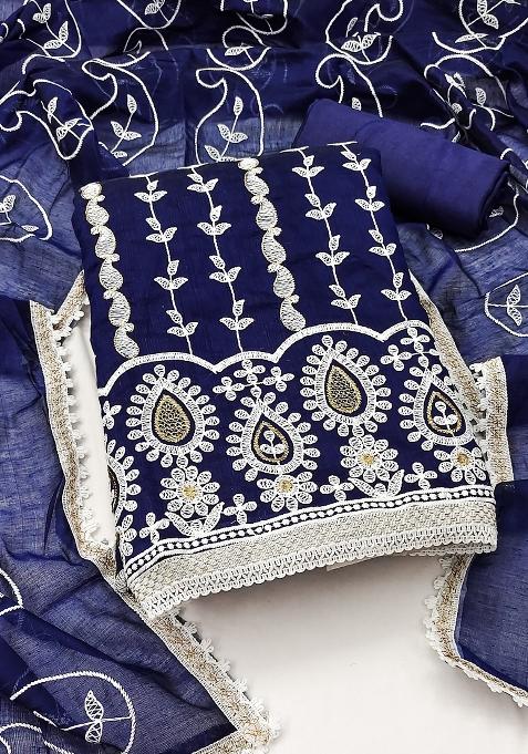 Blue Embroidered Blended Straight Kurta Set