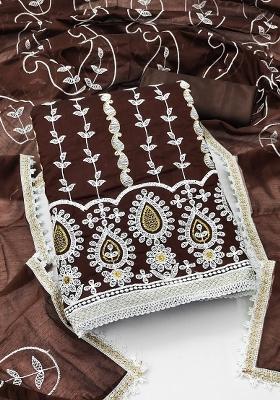 Brown Embroidered Cotton Blend Dress Material