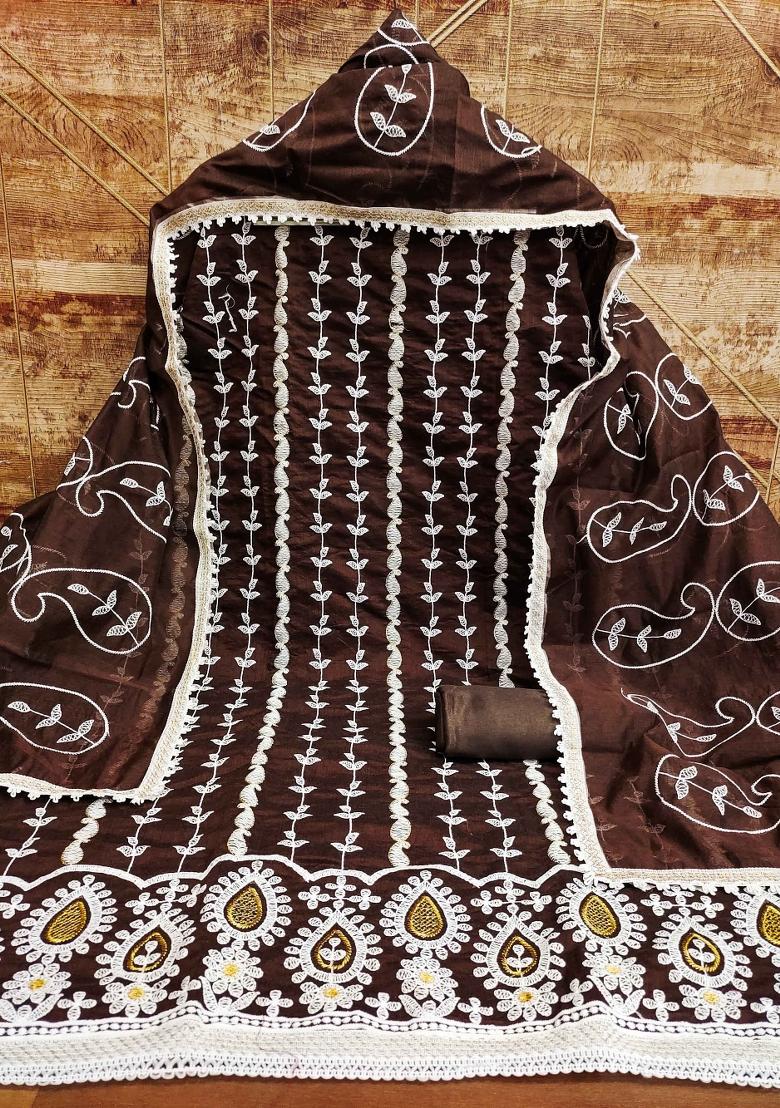 Brown Embroidered Cotton Blend Dress Material - Indya