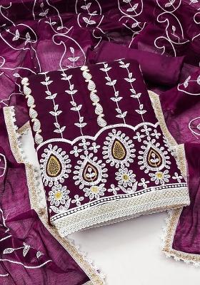 Magenta Embroidered Cotton Blend Dress Material