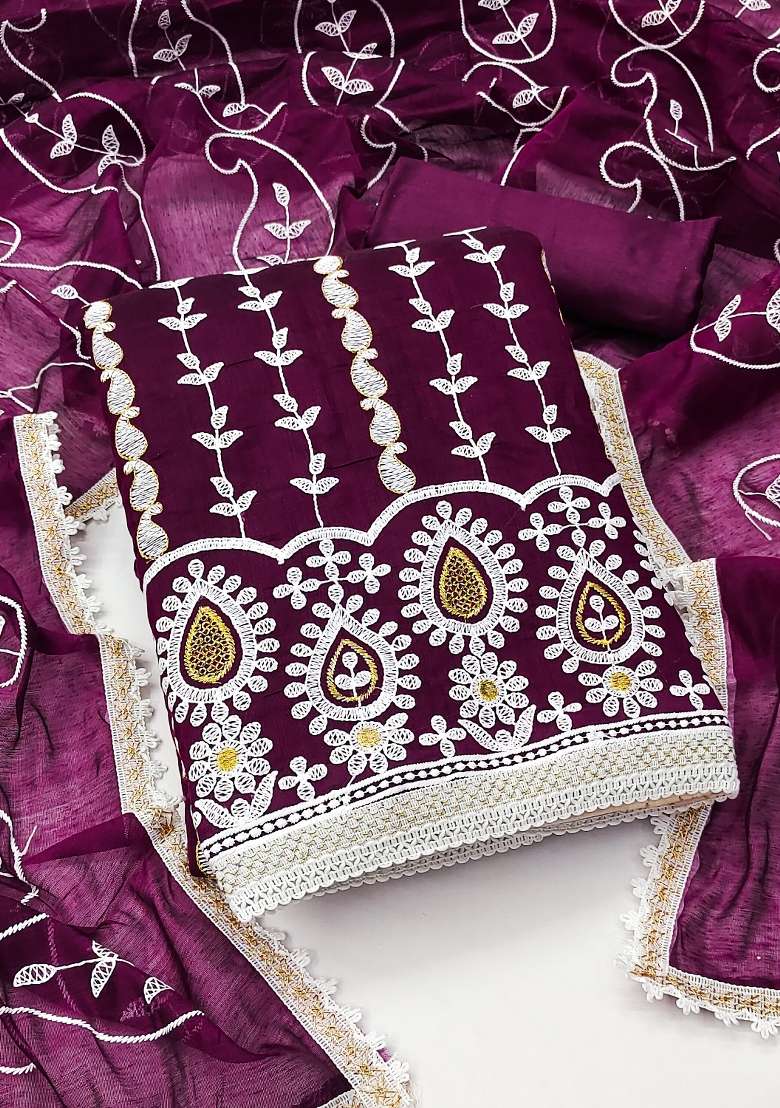 Magenta Embroidered Blended Straight Kurta Set - Indya