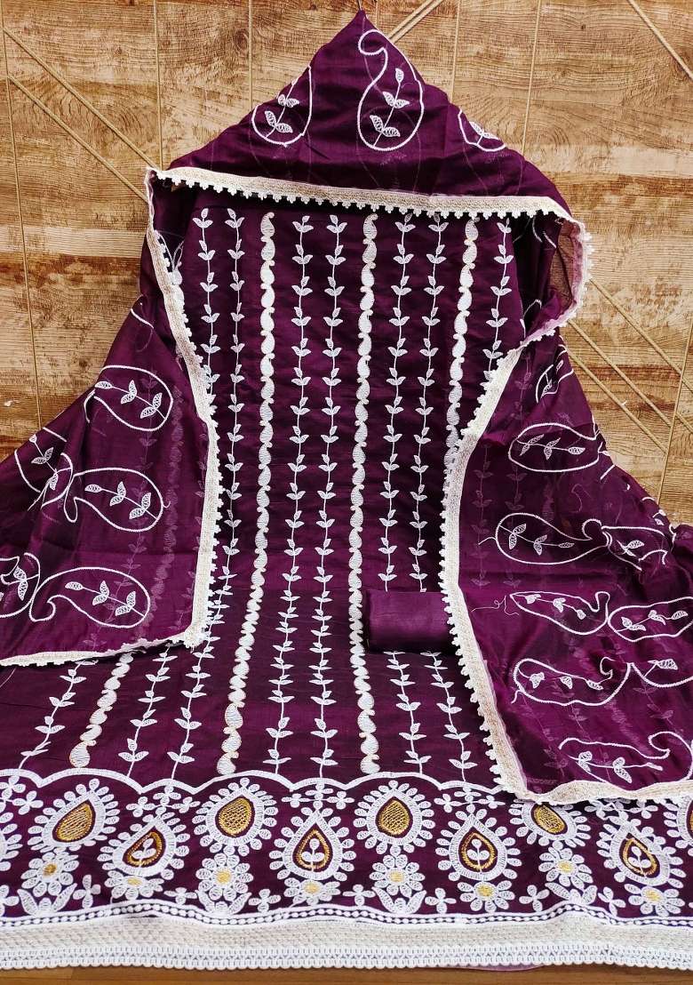 Magenta Embroidered Blended Straight Kurta Set - Indya