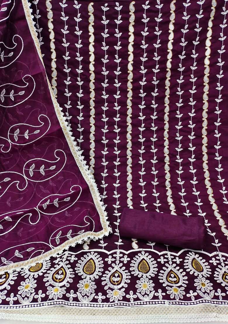 Magenta Embroidered Blended Straight Kurta Set - Indya