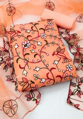 Peach Embroidered Oragnza Dress Material