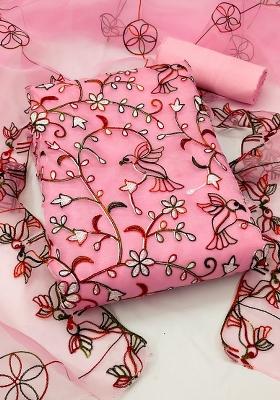 Pink Embroidered Oragnza Dress Material