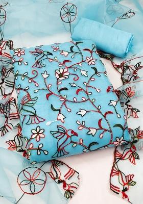 Sky Blue Embroidered Oragnza Dress Material