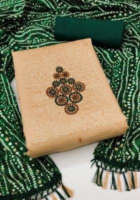 Beige Embroidered Cotton Blend Dress Material