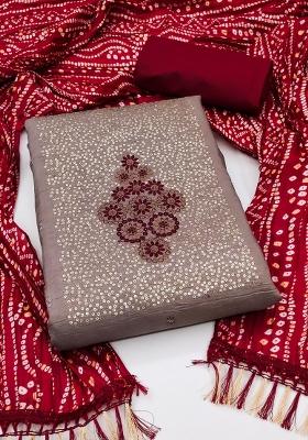 Grey Embroidered Cotton Blend Dress Material