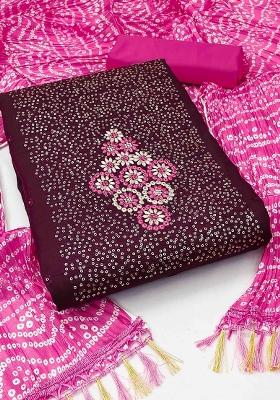 Magenta Embroidered Cotton Blend Dress Material