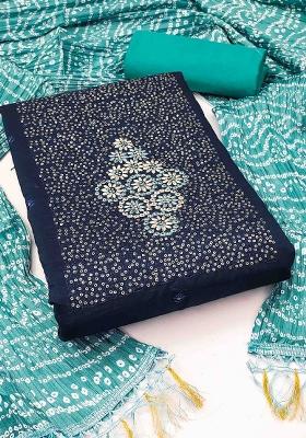 Teal Blue Embroidered Cotton Blend Dress Material