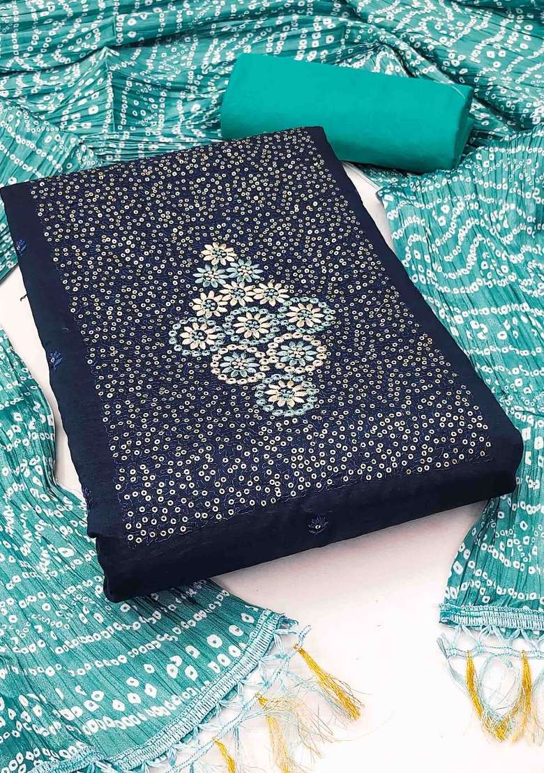 Teal Blue Embroidered Cotton Blend Dress Material - Indya