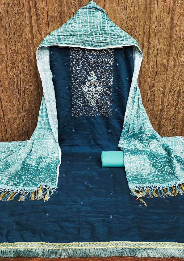 Teal Blue Embroidered Cotton Blend Dress Material - Indya