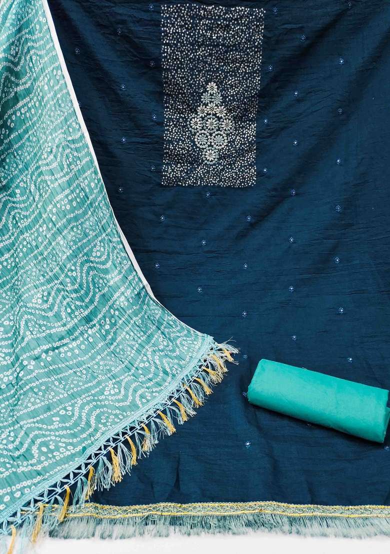 Teal Blue Embroidered Cotton Blend Dress Material - Indya