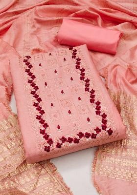 Peach Embroidered Cotton Blend Dress Material