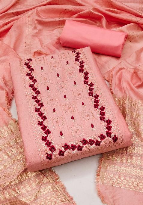 Peach Embroidered Cotton Blend Dress Material