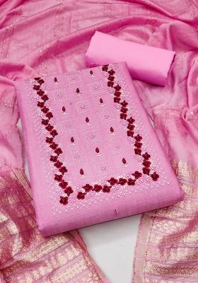 Pink Embroidered Cotton Blend Dress Material