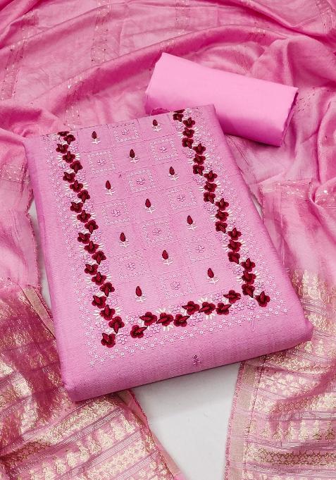 Pink Embroidered Blended Straight Kurta Set