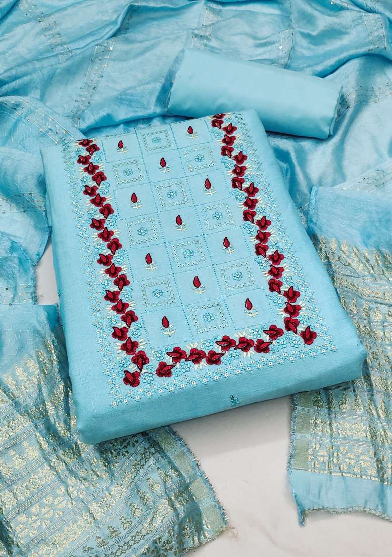 Sky Blue Embroidered Cotton Straight Kurta Set - Indya