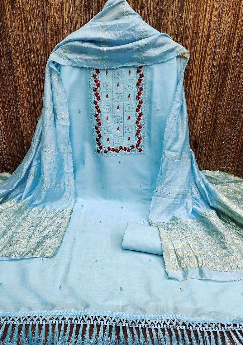 Sky Blue Embroidered Cotton Straight Kurta Set - Indya