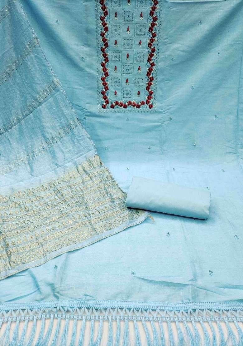 Sky Blue Embroidered Cotton Straight Kurta Set - Indya