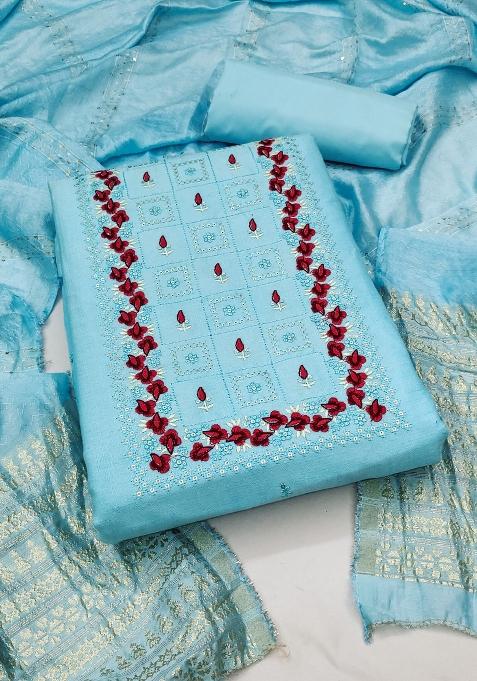 Sky Blue Embroidered Cotton Straight Kurta Set
